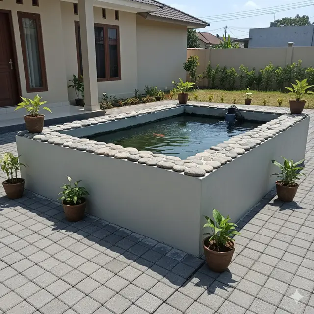 Kolam Persegi Panjang dengan Finishing Semen Aci Warna