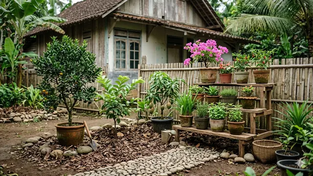 Desain Edible Garden Gaya Rustic di Halaman Belakang Rumah Desa.