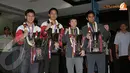 Kedua pasangan ganda juara dunia berfoto bersama usai penyambutan (Liputan6.com/ Helmi Fithriansyah).