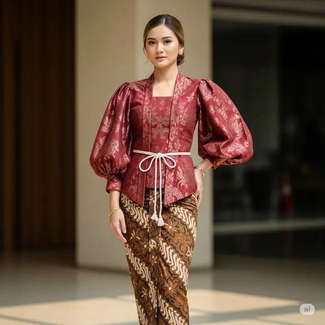 Model Kebaya Modern Brokat Batik dengan Rok Lilit