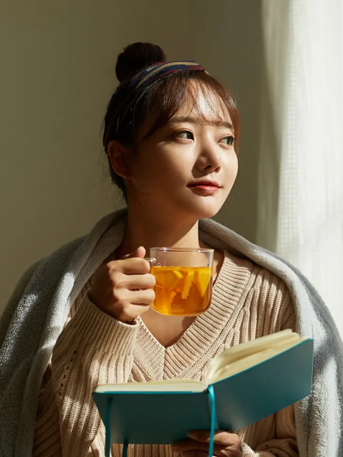 cantik santai minum teh kopi membaca buku