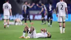 Pemain Timnas Indonesia, Yance Sayuri terbaring sambil menangis setelah laga terakhir putaran ketiga Grup C Kualifikasi Piala Dunia 2026 melawan Jepang di Suita Stadium, Jepang, Selasa (10/06/2025). (AFP/Paul Miller)