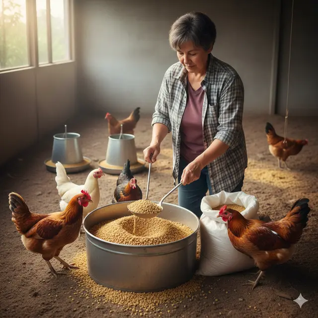 Cara Mengatur Pakan Ayam Rumahan (Foto: Gemini AI)