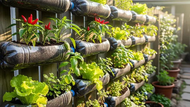 Ilustrasi Desain Kebun Sayur Pocket Garden dari Botol Plastik Bekas/Gemini AI