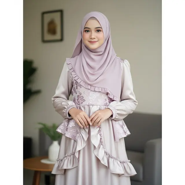 Gamis Brokat dengan Detail Ruffle
