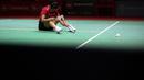 Reaksi kecewa pebulutangkis tunggal putri Indonesia, Gregoria Mariska saat bertanding melawan pebulutangkis China, Han Yue pada laga perempatfinal Indonesia Masters 2023 di Istora Senayan, Jakarta, Jumat (27/01/2023). Gregoria kalah dengan skor 21-12, 8-21, 16-21. (Bola.com/Bagaskara Lazuardi)