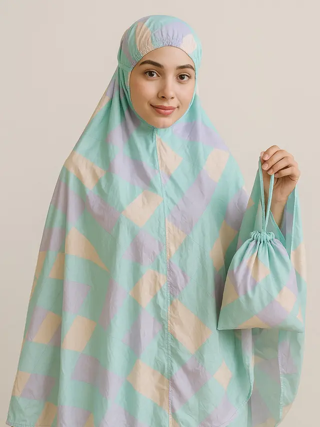 Mukena Parasut Travel Motif Geometris Pastel (Foto: ChatGPT)