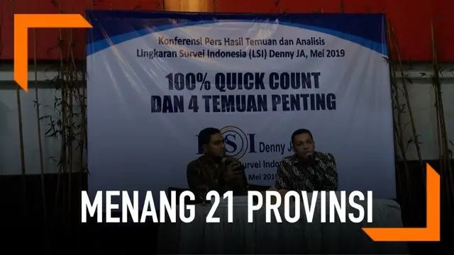 Menurut LSI Denny JA, dari 100 persen data versi quick count, Jokowi-Maruf memenangi Pilpres 2019 dengan perolehan dukungan sebesar 55,71 persen. Sementara Prabowo-Sandi memperoleh dukungan sebesar 44,29 persen.
