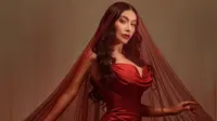 Rambut panjang Denada ditata dengan gaya curly yang menawan dan tergerai di balik veil lace [@denadaindonesia]