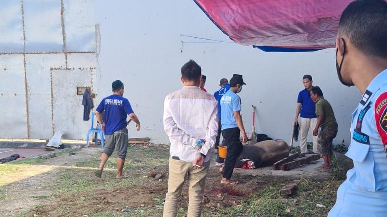 Petugas Lapas Bulak Kapal Bekasi bersama warga binaan menyembelih hewan kurban di peringatan Idul Adha 1443 H