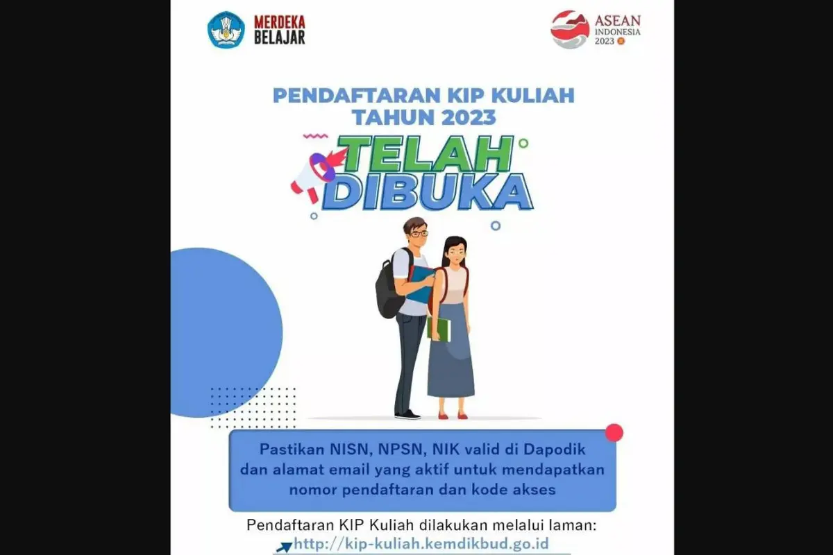 Pendaftaran Kartu Indonesia Pintar atau KIP Kuliah Merdeka 2023 sudah mulai dibuka oleh Kementerian Pendidikan, Kebudayaan, Riset, dan Teknologi (Kemendikbudristek) sejak Selasa 14 Februari 2023.