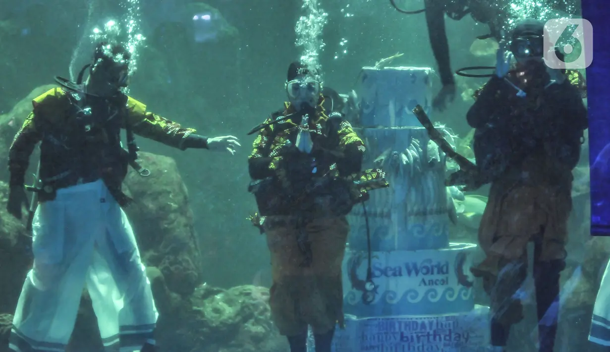 Penyelam mengenakan baju batik saat pertunjukan bawah air dalam rangka menyambut Hari Batik Nasional di Sea World Ancol, Jakarta Utara, Rabu (28/9/2022). Sea World Ancol menggelar pertunjukkan bertajuk "Pekan Kolaborasi Budaya dan Sejarah" untuk menyambut peringatan Hari Batik Nasional Tahun 2022 yang akan berlangsung pada tanggal 1-9 Oktober 2022 dengan menampilkan fashion show, tarian tradisional serta atraksi bawah air. (merdeka.com/Iqbal S. Nugroho)