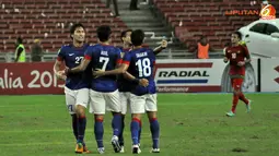 Pemain Malaysia luapkan kegembiraan usai mencetak gol ke gawang Indonesia dalam Laga Piala AFF Suzuki 2012 antara Malaysia vs Indonesia di Stadion Bukit Jalil, Kuala Lumpur, Malaysia. pertandingan berakhir dengan skor 2-0 untuk Malaysia.