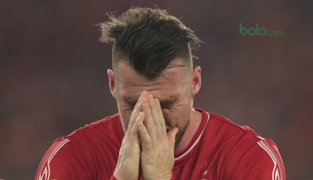 Ekspresi Marko Simic usai membobol gawang JDT pada laga grup H Piala AFC 2018 di Stadion Utama Gelora Bung Karno, Jakarta, Selasa (10/4/2018). Persija Jakarta menang 4-0.  (Bola.com/Nick Hanoatubun)