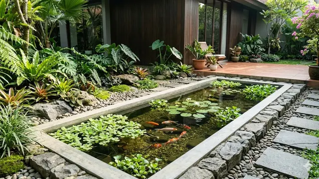 Desain Kolam Ikan Dangkal yang Menggabungkan Ikan dan Tanaman Hias