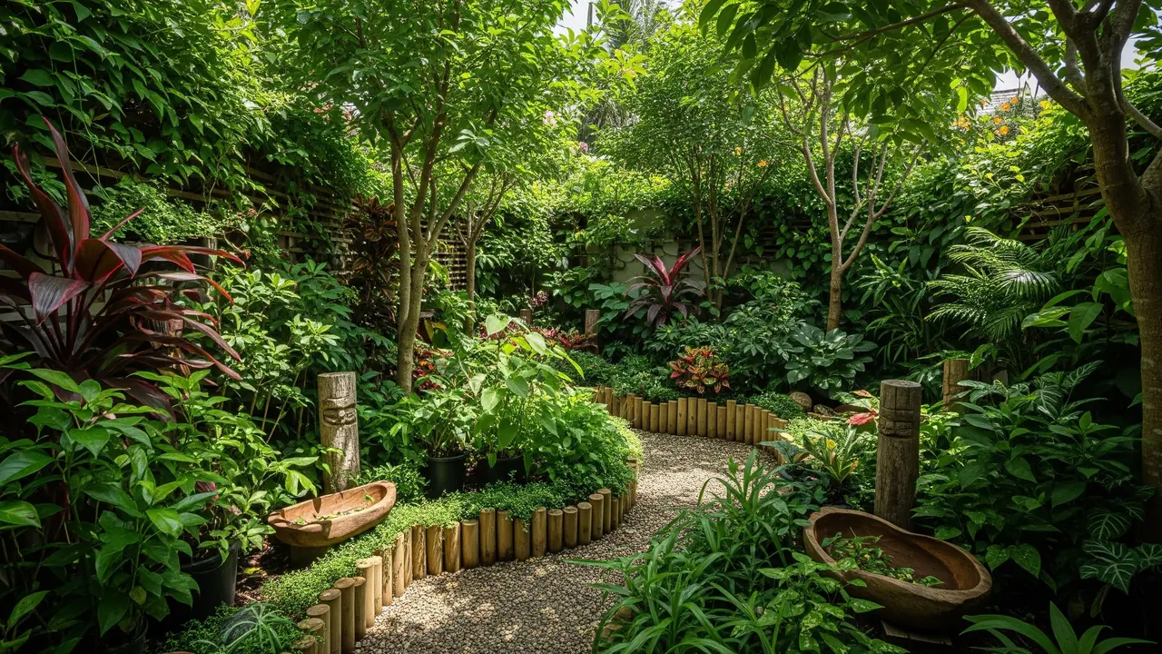 Kebun Rumah Bernuansa Hutan Mini dengan Kayu dan Tanaman Rindang