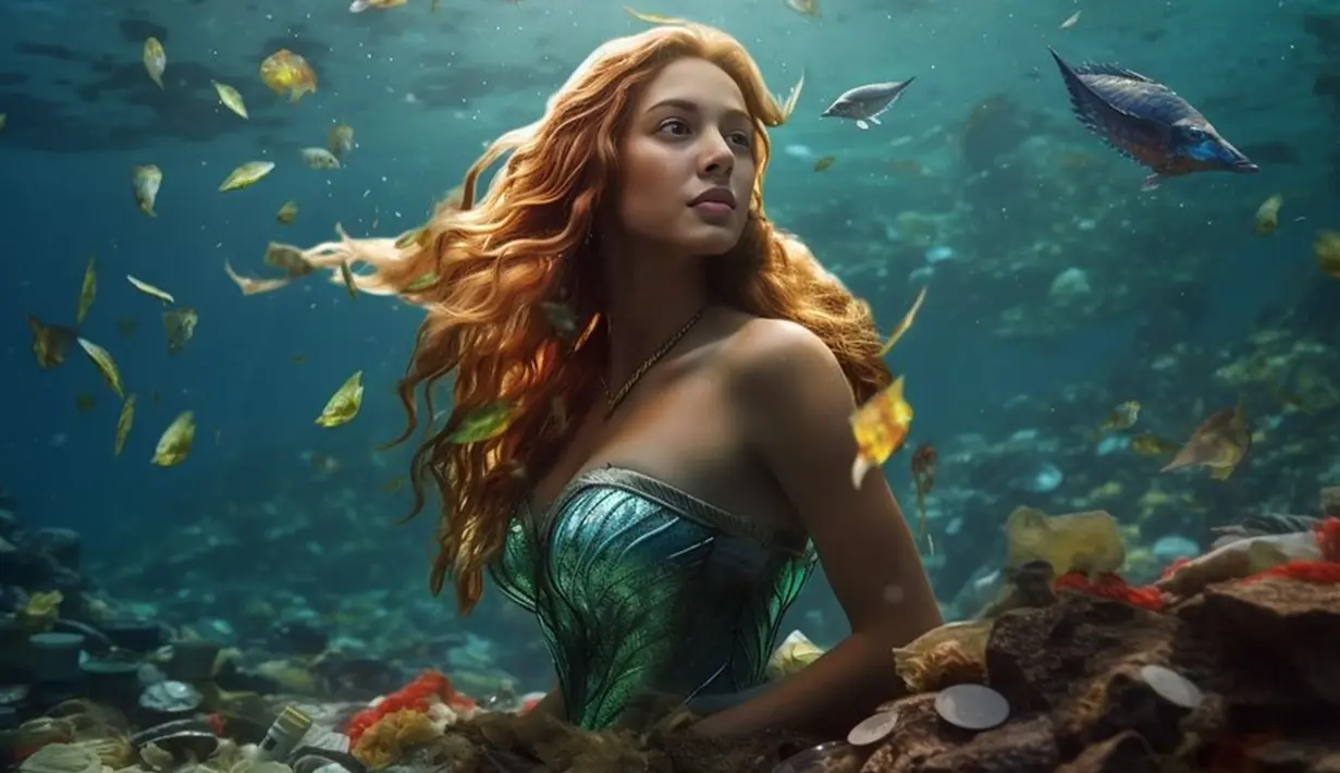 Warna rambut brunette yang ikonik dengan sosok Ariel pun begitu cocok dengan Aurelie. Namun, pemotretan yang dilakukan olehnya tampak berbeda dari selebriti yang lain. Di sini, aktris 29 tahun itu menjalani pemotretan dengan penggambaran kondisi laut saat ini yang penuh dengan sampah. (Liputan6.com/IG/@aurelie)