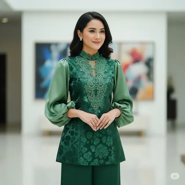 Tunik Brokat Kombinasi Satin Lengan Balon