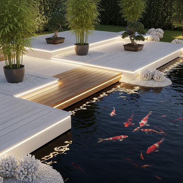 Kolam Ikan Minimalis dengan Lampu Taman yang Hangat (Image by Gemini AI)