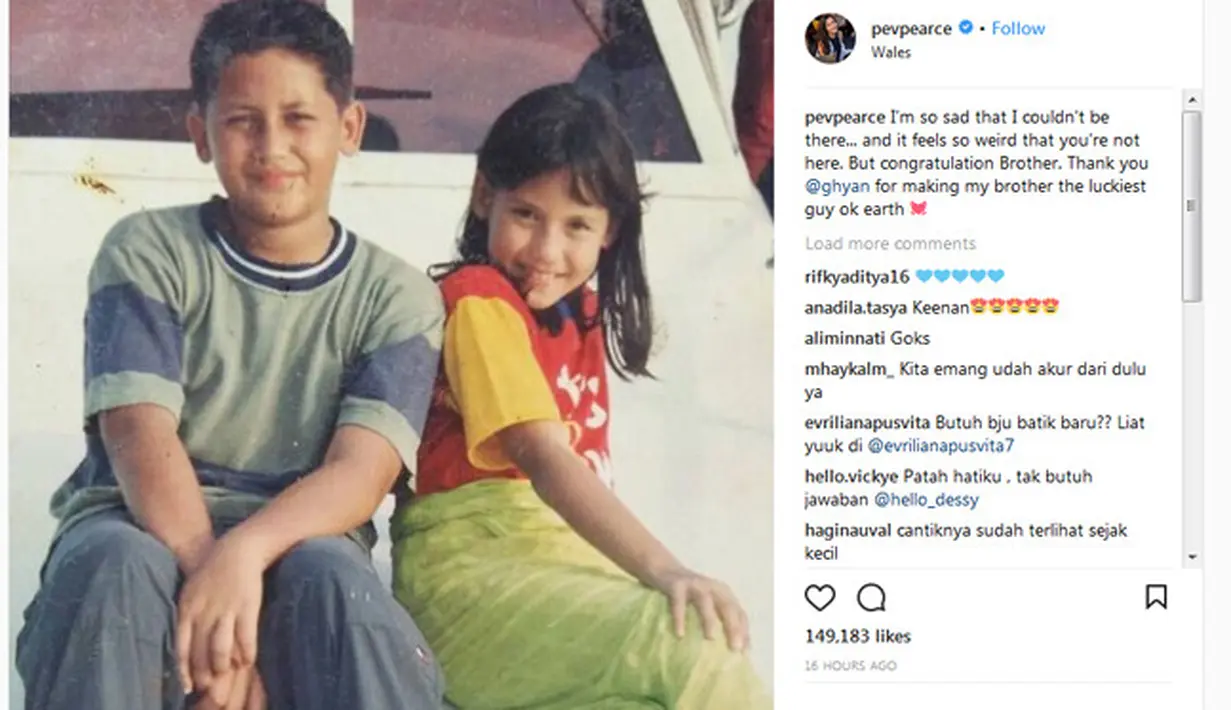 “I’m so sad that I couldn’t be there... and it feels so weird that you’re not here. But congratulation Brother. Thank you @ghyan for making my brother the luckiest guy ok earth 💓,” tulis Pevita. (Instagram/pevitapearce)