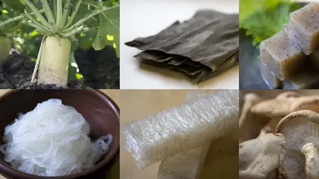 Lobak, kombu, konnyaku, shirataki, kanten, shiitake (c) savoryjapan