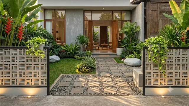 Pagar Roster Motif Geometris dengan Taman Mini Modern