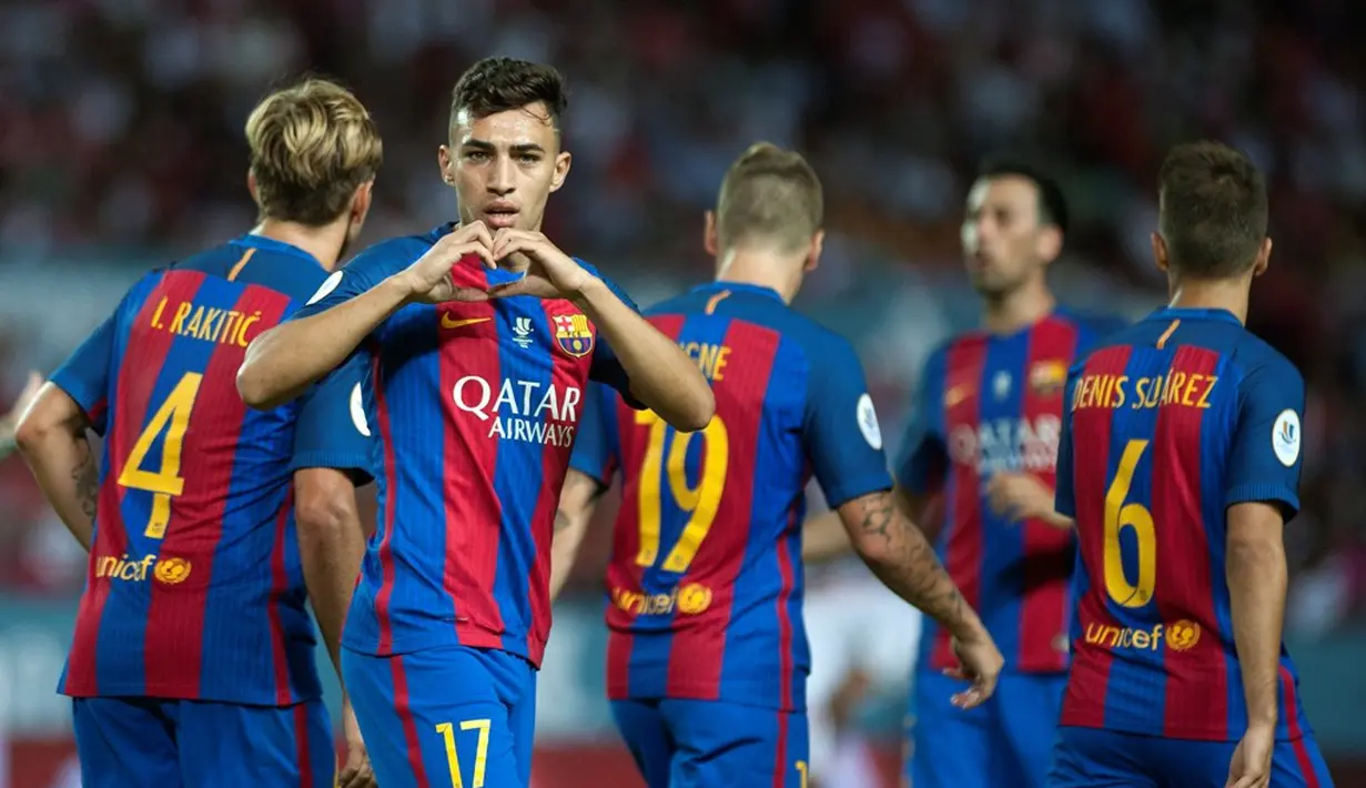 Ekspresi striker Barcelona, Munir El Haddadi, setelah mencetak gol kedua ke gawang Sevilla pada laga leg pertama Piala Super Spanyol 2016 di Ramon Sanchez Pizjuan, Sevilla, Senin (15/8/2016) dini hari WIB. (AFP/Jorge Guerrero)