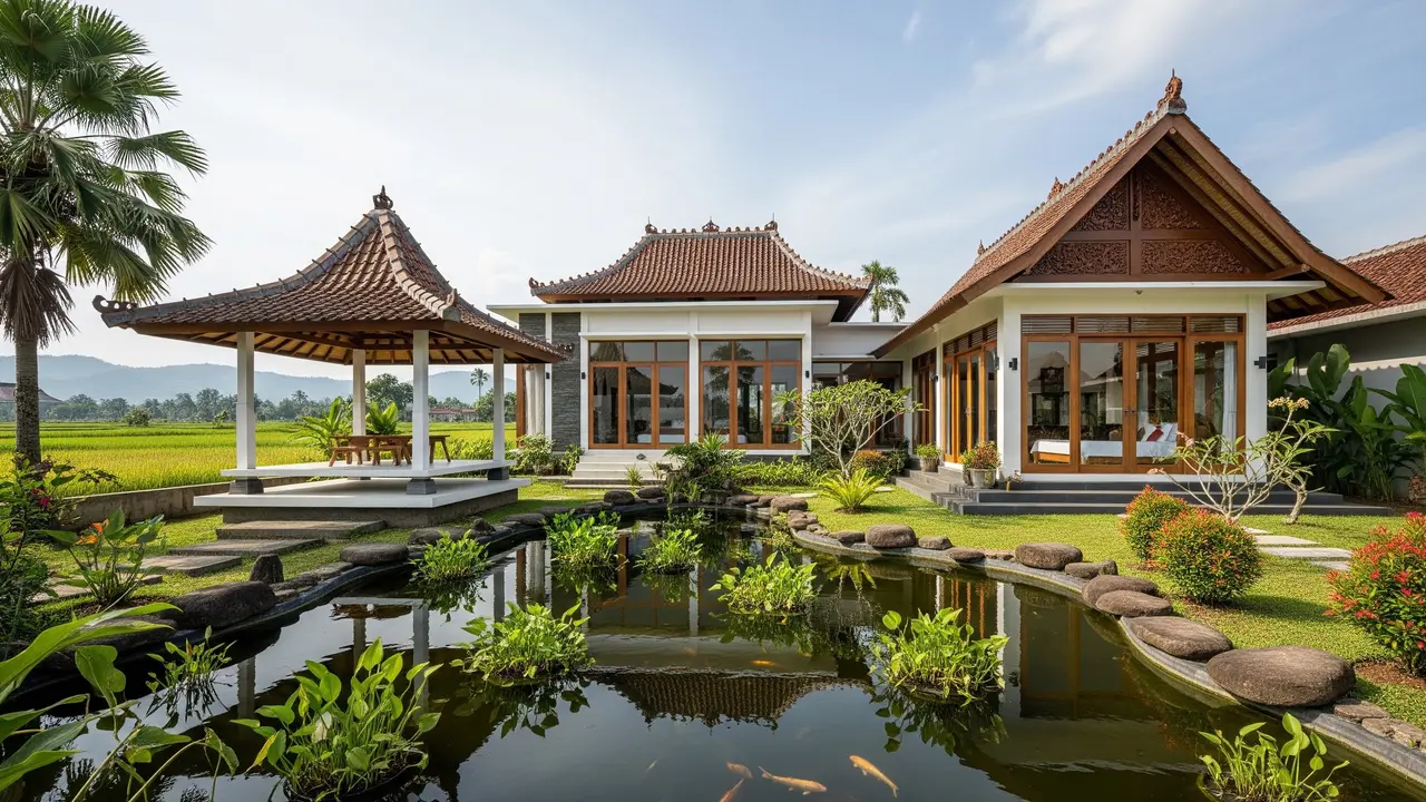 Rumah Desa Kombinasi Modern Jawa dengan Pendopo Minimalis dan Kolam Ikan