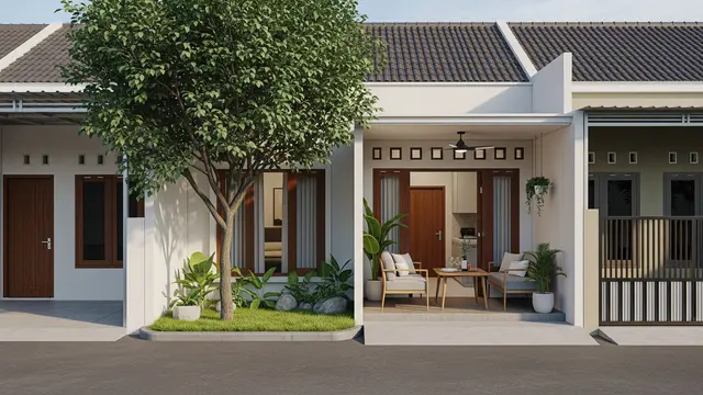 Rumah dengan Teras Mini dan 1 Pohon Rindang Model Urban Compact Teras Multifungsi