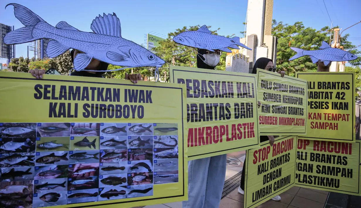 Aktivis dari Ecoton (Pengamatan Ekologi dan Konservasi Lahan Basah) yang mengenakan topeng ikan ikut serta dalam unjuk rasa menyerukan sungai bersih bebas sampah dan limbah industri, serta perlindungan ikan sungai, sebagai bagian dari perayaan Hari Lingkungan Hidup Sedunia di Surabaya, Jawa Timur, Jumat 5 Juni 2026. (JUNI KRISWANTO/AFP)
