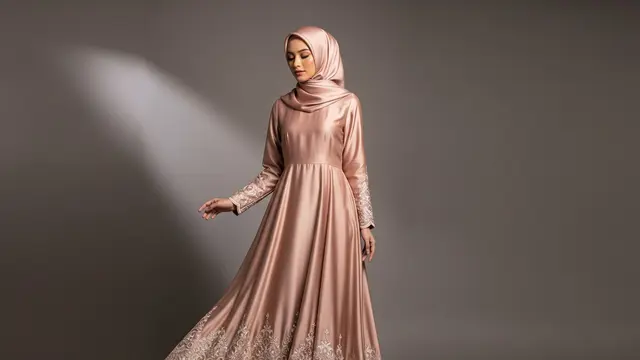 Gamis Silk A-Line dengan Bordir Pinggir Rok
