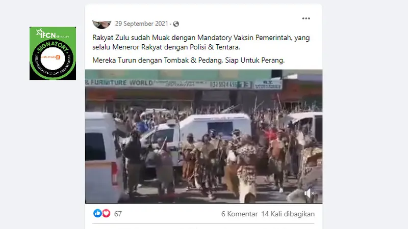 Cek Fakta Liputan6.com mendapati klaim video Rakyat Zulu menolak mandatori vaksin