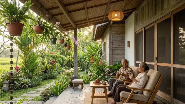 Teras Bernuansa Natural dengan Lantai Batu dan Tanaman Gantung