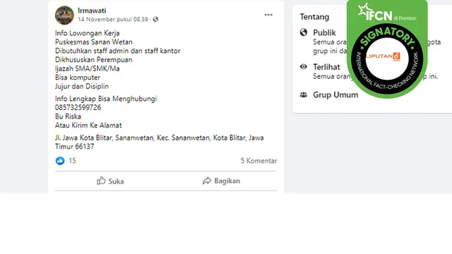 Hoaks Informasi lowongan kerja di Puskesmas Kota Blitar