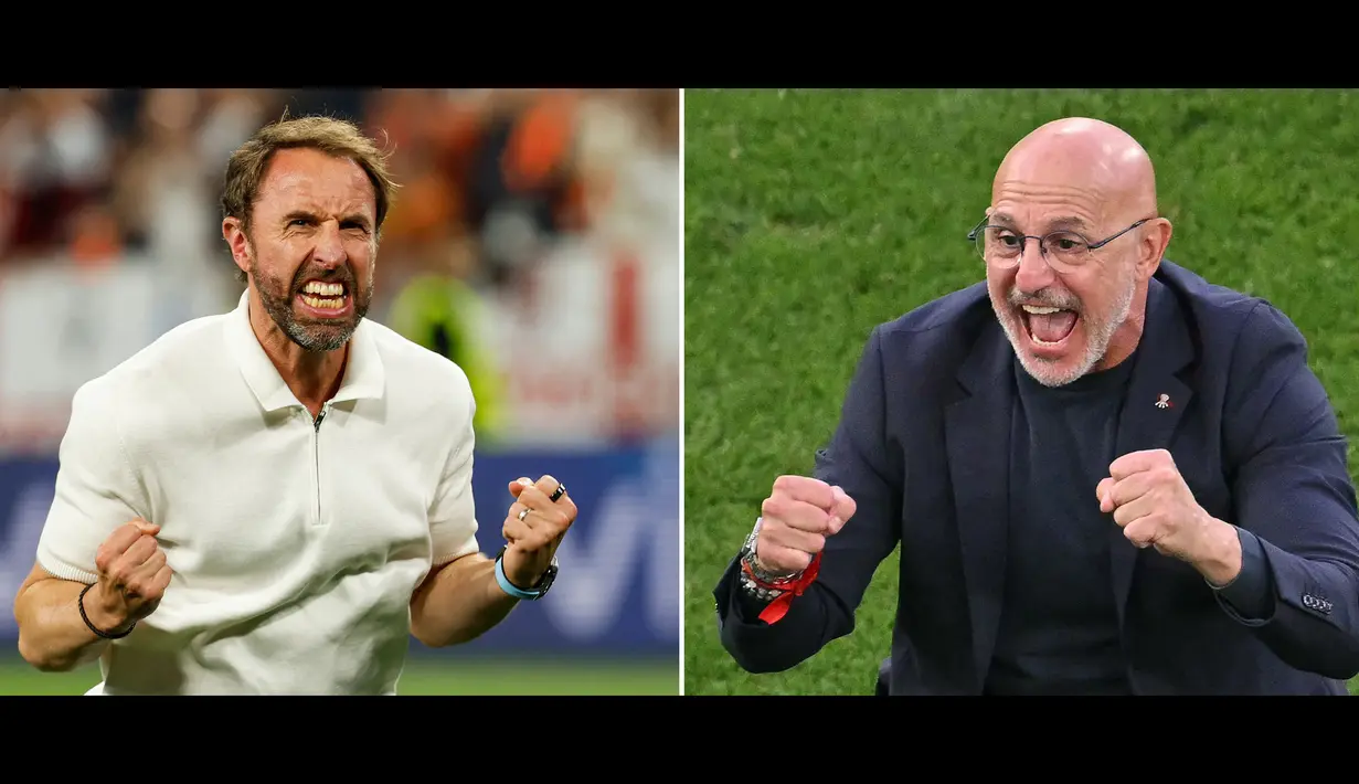 Gareth Southgate tentu akan membuat racikan terbaiknya pada partai final kali ini. Pada aspek taktik, Inggris memulai perjalanan dengan formasi 4-3-3, sebelum berubah menjadi 3-4-2-1 pada dua laga terakhir. Sementara itu, Spanyol yang dinahkodai Luis de la Fuente sering mengandalkan formasi 4-3-3. Namun, La Furia Roja mengubah taktik mereka menjadi 4-2-3-1 saat menghadapi Prancis pada babak semifinal lalu. (AFP/Miguel Medina, Odd Andersen)