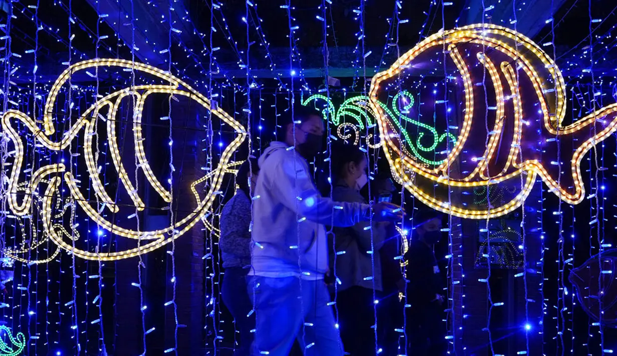 Pengunjung berjalan melewati lampu Natal yang menghiasi Kebun Raya Jose Celestino Mutis di Bogota, Kolombia, 16 Desember 2021. Dari populasi Kolombia yang berjumlah 49.650.000 jiwa, sekitar 71 persen di antaranya beragama Katolik. (AP Photo/Fernando Vergara)