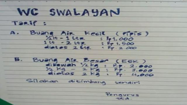 6 Tulisan Nyeleneh di Tarif Toilet Umum Ini Bikin Dahi Pengunjung Berkerut