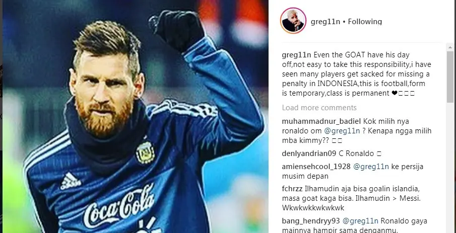 Bentuk simpati pesepak bola Indonesia, Greg Nwokolo, untuk Lionel Messi. (Instagram)