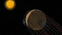 Ilustrasi ekor magnetik di planet Mars. Garis-garis kuning melambangkan medan magnet. (Sumber NASA/Goddard Space Flight Center/University of Colorado/Anil Rao)