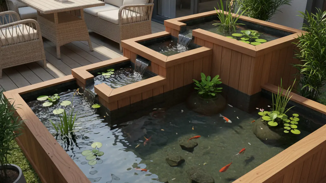 Kolam Ikan Mini Kayu di Teras Rumah