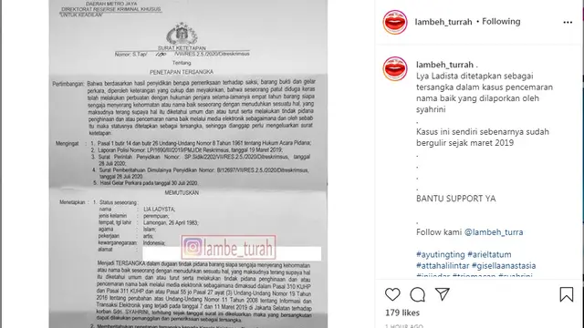 Lia Ladysta ditetapkan sebagai tersangka laporan Syahrini