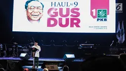 Ketua Umum PKB Muhaimin Iskandar atau Cak Imin memberi sambutan dalam konsolidasi calon legislatif Partai Kebangkitan Bangsa (PKB) Pemilu 2019 sekaligus haul Abdurrahman Wahid, Gus Dur di Balai Sarbini, Jakarta, Senin (17/12). (Liputan6.com/Faizal Fanani)