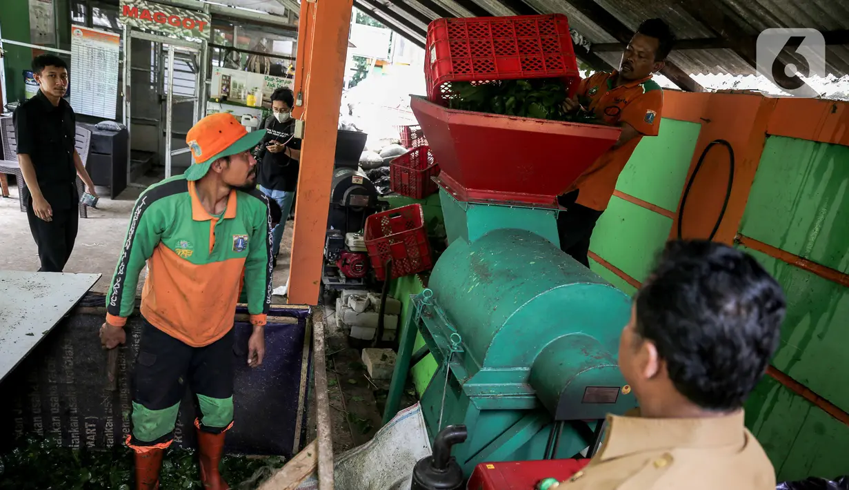 Aktivitas pengolahan pupuk kompos dari  sampah daun di TPS 3R Ketapang Satpel Lingkungan Hidup Kecamatan Gambir, Jakarta, Rabu (22/2/2023). TPS 3R Ketapang Satpel Lingkungan Hidup Kecamatan Gambir itu dapat mereduksi atau mengurai sampah organik menjadi kompos sebanyak 200-300 kilogram per hari. (Liputan6.com/Faizal Fanani)