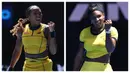 Petenis Amerika Serikat, Coco Gauff (kiri) dan Serena Williams melakukan selebrasi setelah mencetak poin di turnamen Australia Open. (Foto Kolase: AFP/Martin Keep dan AFP/Peter Parks)
