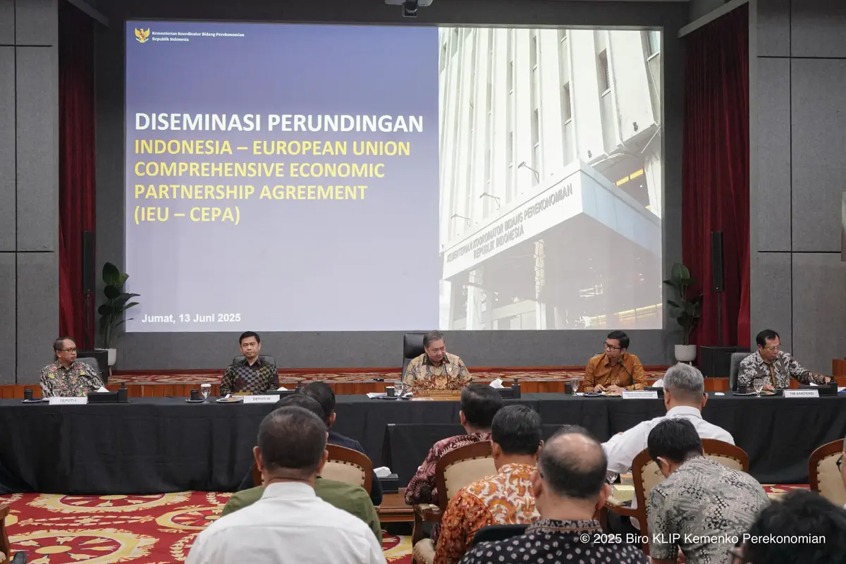 Menteri Koordinator Bidang Perekonomian Airlangga Hartarto dalam Diseminasi Perundingan IEU-CEPA, di Jakarta, Jumat (13/6/2025). (Dok Kemenko Perekonomian)