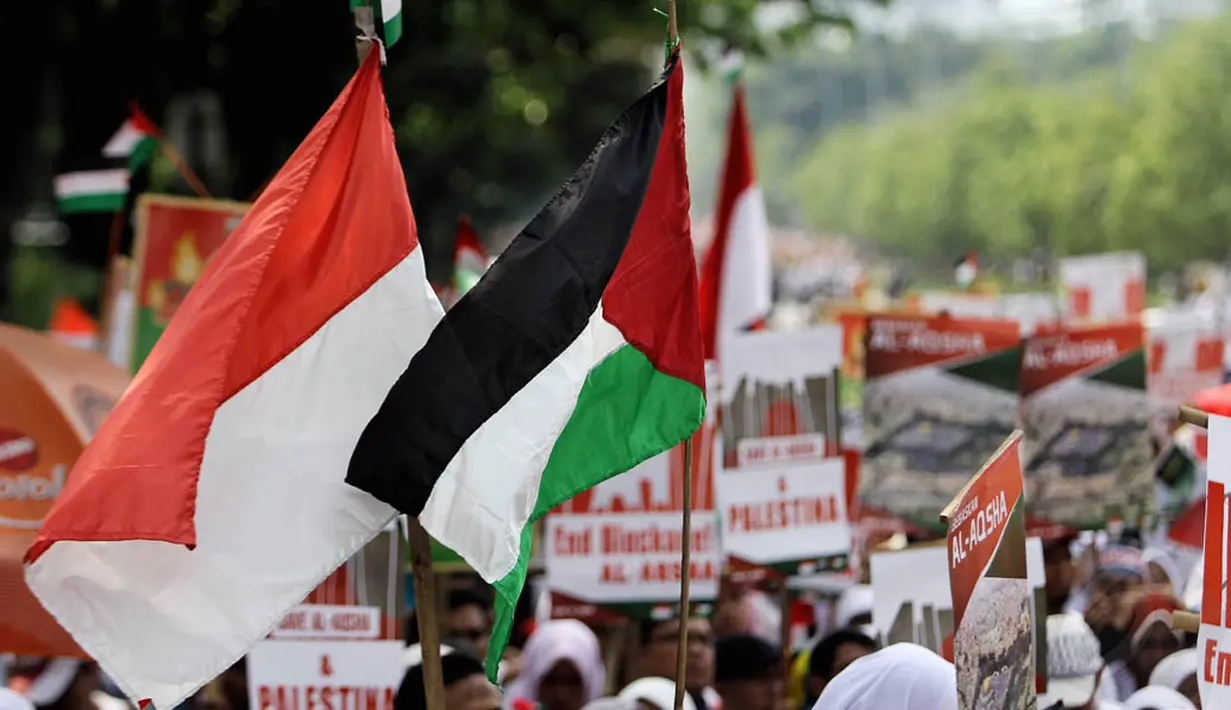 Massa juga membawa bendera-bendera Palestina. Foto diambil pada Minggu (16/11/2014). (Liputan6.com/Faizal Fanani)
