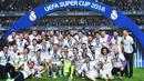 Bagi Real Madrid, ini adalah gelar ketiga di ajang Piala Super Eropa. Sebelumnya, mereka pernah meraih titel serupa pada 2002 dan 2014. (AFP/Jonathan Nackstrand)