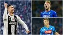 Striker Juventus, Cristiano Ronaldo, berhasil memuncaki daftar pencetak gol terbanyak sementara dengan torehan 14 gol. Berikut daftar top scorer sementara Serie A pekan ke 19. (Foto Kolase AP dan AFP)