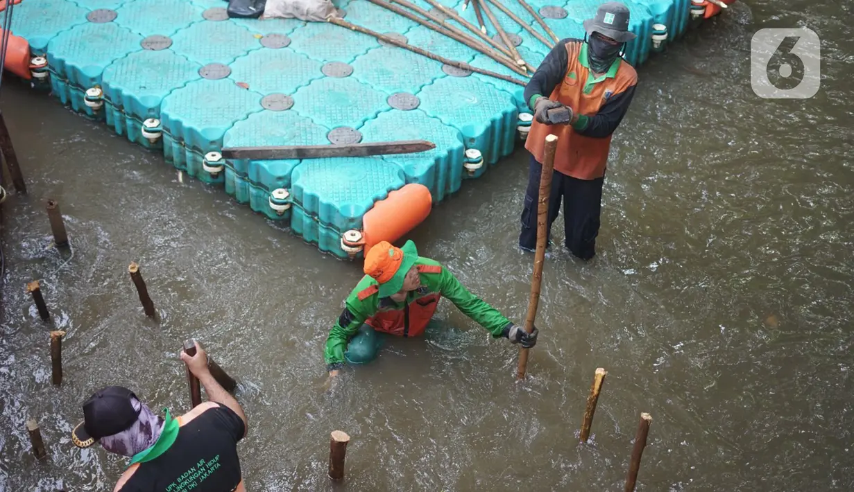 Petugas membuat jebakan sampah di Kali Pancoran, Jakarta, Kamis (12/11/2020). Jebakan sampah tersebut dibuat guna memermudah petugas saat membersihkan kali, terutama saat musim hujan. (Liputan6.com/Immanuel Antonius)