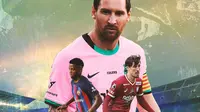 Barcelona - Ansu Fati dan Bojan Krkic Latar Lionel Messi Legenda Barcelona (Bola.com/Adreanus Titus)